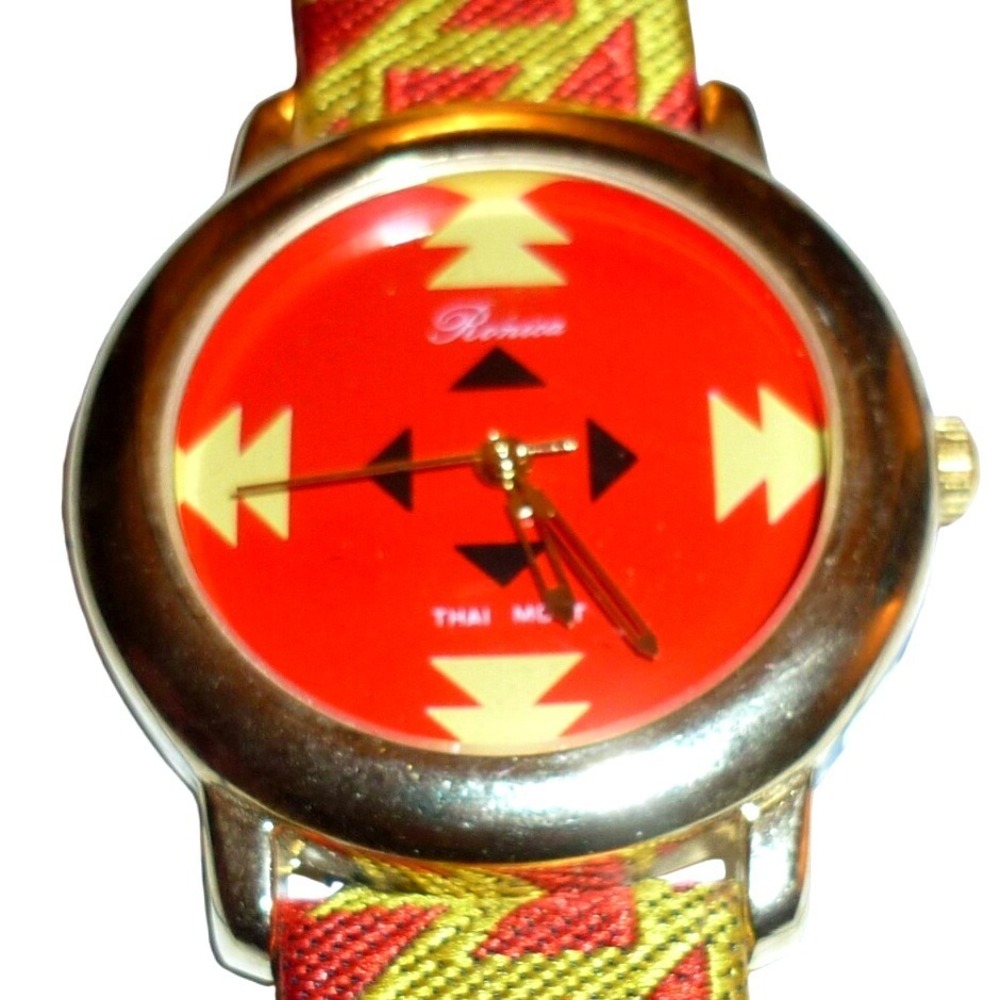 Vintage Renoir Aztec Watch NOS New Battery Southwestern Red Woven Band 34mm